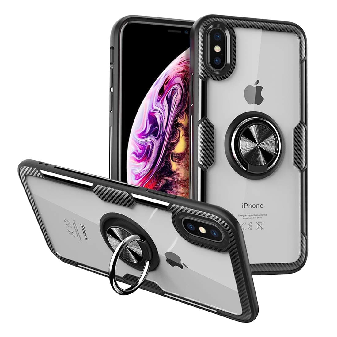 CHEEDAY Compatible iPhone Xs iPhone X Case Clear Hard Back Cover Slim Rubber Bumper Hybrid Case [Air Cushion Protection] with 360° Rotating Ring Holder Kickstand for iPhone X iPhone Xs (2018) - Black