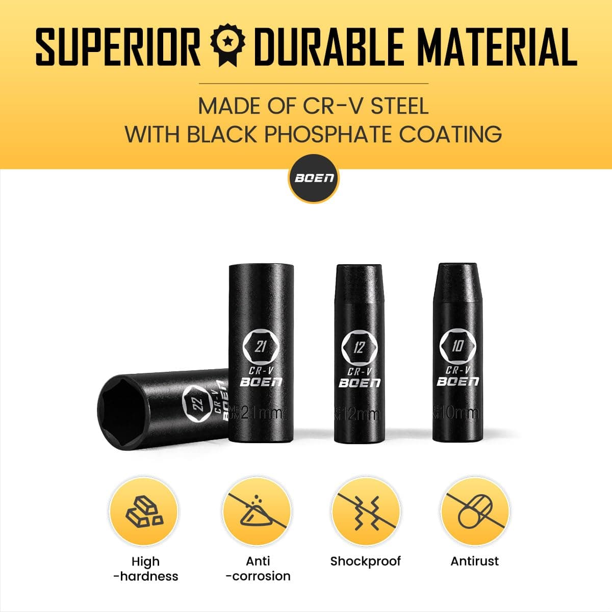 BOEN 1/2" Drive Deep Impact Socket Set, 11 Pieces Metric Socket Set 10mm to 24mm, 6 Point Design, Cr-V Steel, Laser Marking, Durable Storage Case, Meets ANSI Standards