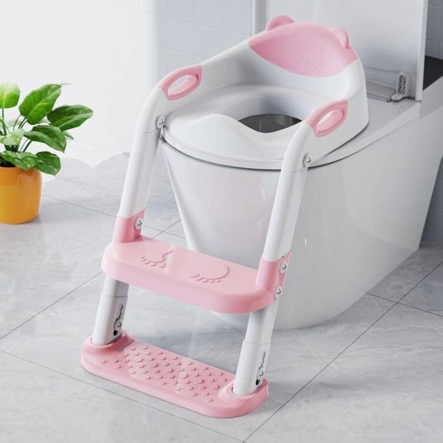 711TEK Potty Training Seat with Double Step Stool Ladder, Foldable Potty Training Toilet for Kids Toddlers, Splash Guard and Anti-Slip Pad for Boys Girls(Pink)