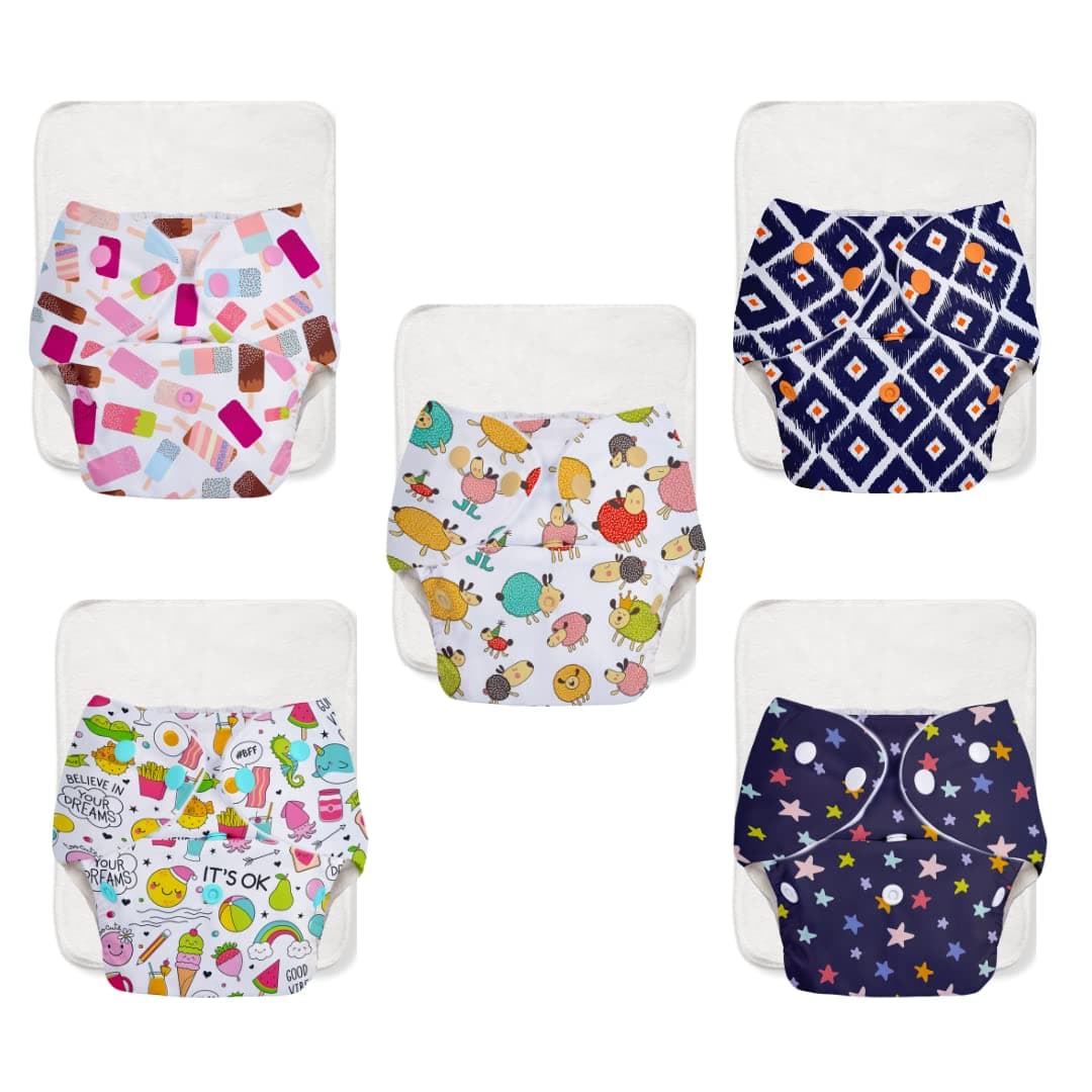 superbottomsBASIC EASY - Cloth Diapers+ Inserts - Freesize Adjustable and Reusable Cloth Diaper for babies 0-3 Years | With quick drying prefold style soaker-Assorted