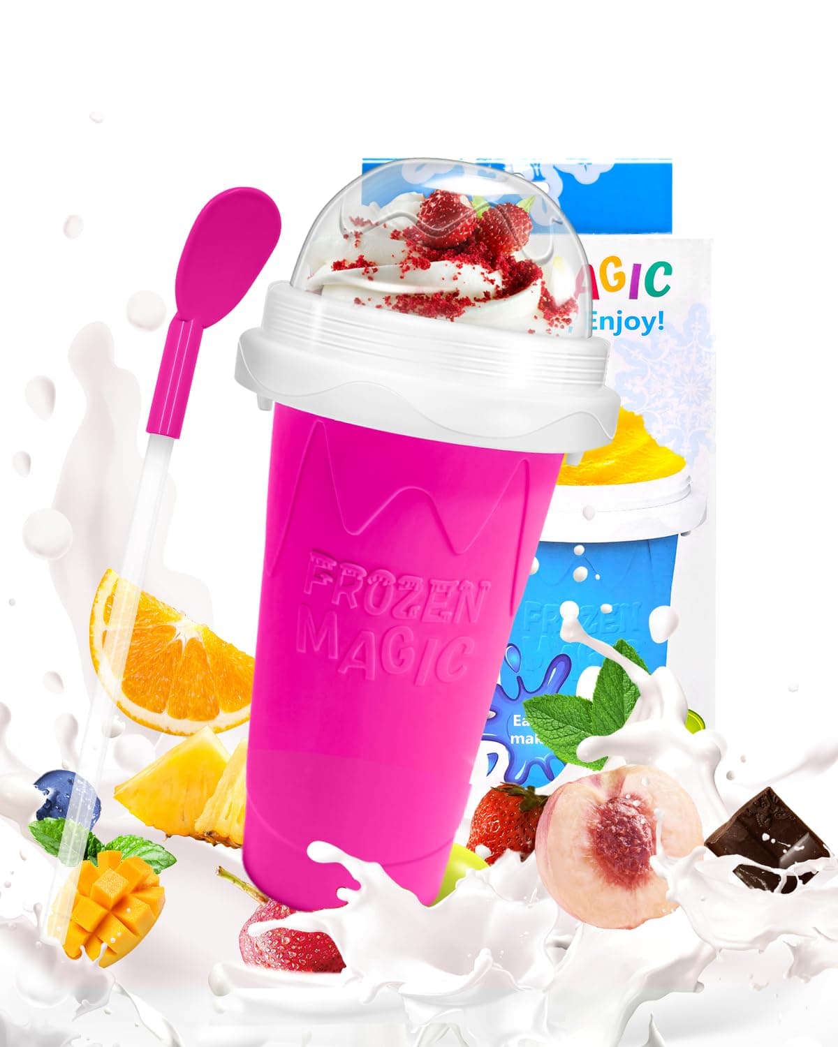 Slushy Maker Cup, DIY Magic Slushy Maker Squeeze Cup, Portable Smoothie Squeeze Cup for Juices, Milk and Ice Cream Make, Double Layers Silica Cup with Lid & Straw for Kids, Friends, Family (Pink)