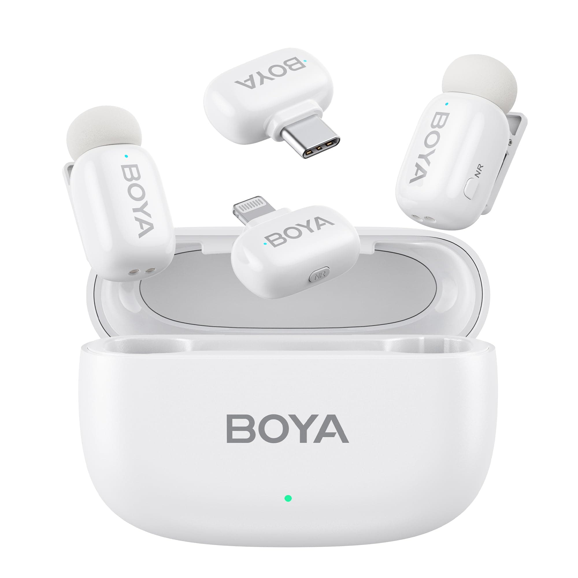 Boyamini Wireless Lavalier Microphone for iPhone/iPad Android Device with 2 Plugs&2 Ultra Mini Mics with 30H Usage, AI Voice Change, Lapel Microphone for Vlog, Streaming, TikTok, YouTube(White)