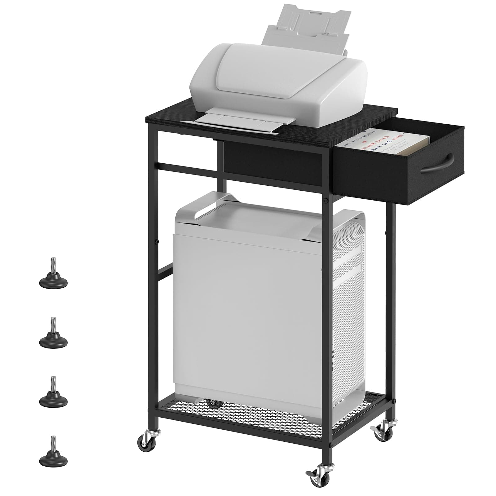 CADUKE 2 Tier PC Stand - Black Computer Tower Stand with Fabric Drawer, Modern Printer Stand with Wheels, Under Desk for Office & Study Room