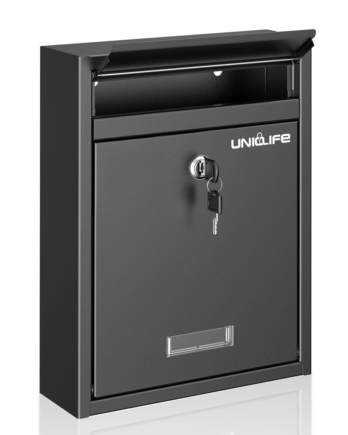 Uniclife Wall Mount Mailbox for Outside, Locking Mail Box, Large Mailbox with Key Lock, Security Mail Box for House, Safe Key Drop Box, Post Box, Steel Cash Drop Box for Home Office School, Black