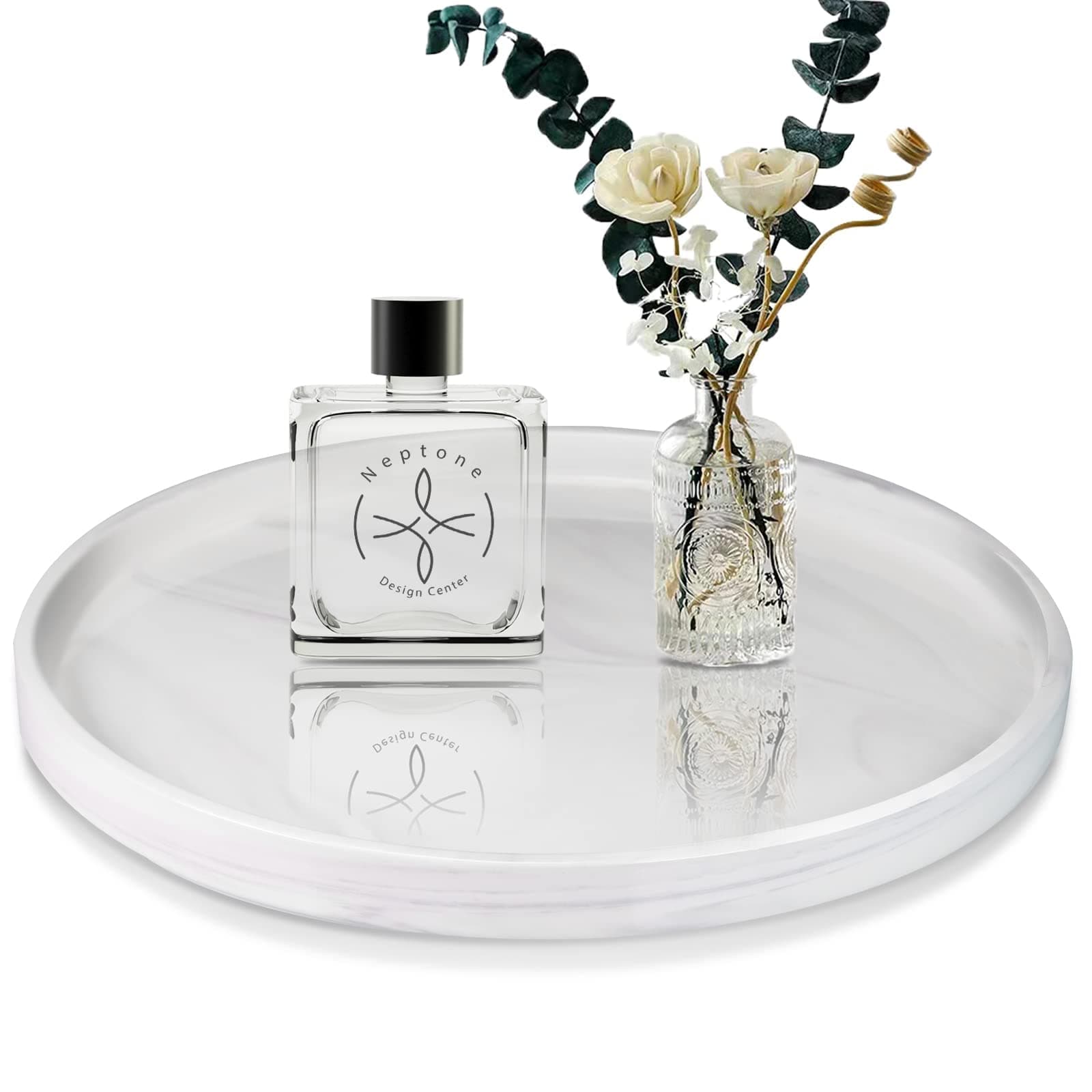 Ceramic Round Marble Pattern Tray, Vanity Tray for Bathroom Countertop, Decorative Vanity Tray for Perfume, Candle, Cosmetic, Large Vanity Tray-9.8 x 9.8 inches