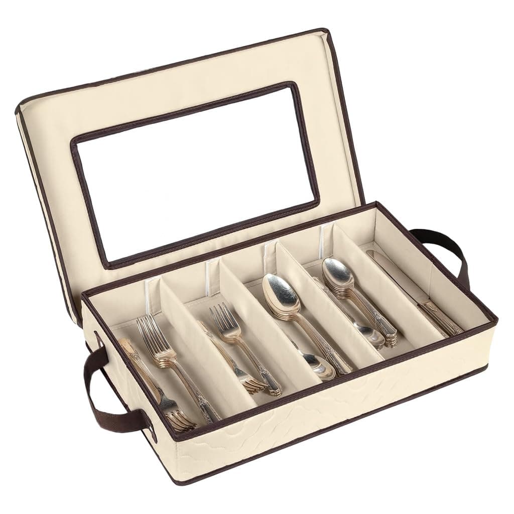 Flatware Storage Case - Sturdy 5 Compartment Silverware Storage Container Box with Removable Lid and Easy Carry Handle - Large Capacity to Organize and Protect Cutlery
