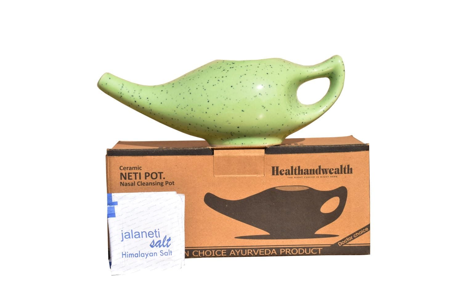 Ceramic Neti Pot for Nasal Cleansing | Durable Ceramic Neti Pot with 10 Sachet Neti Salt, 225 Ml. (7.6 FL Oz) Capacity -(Green)