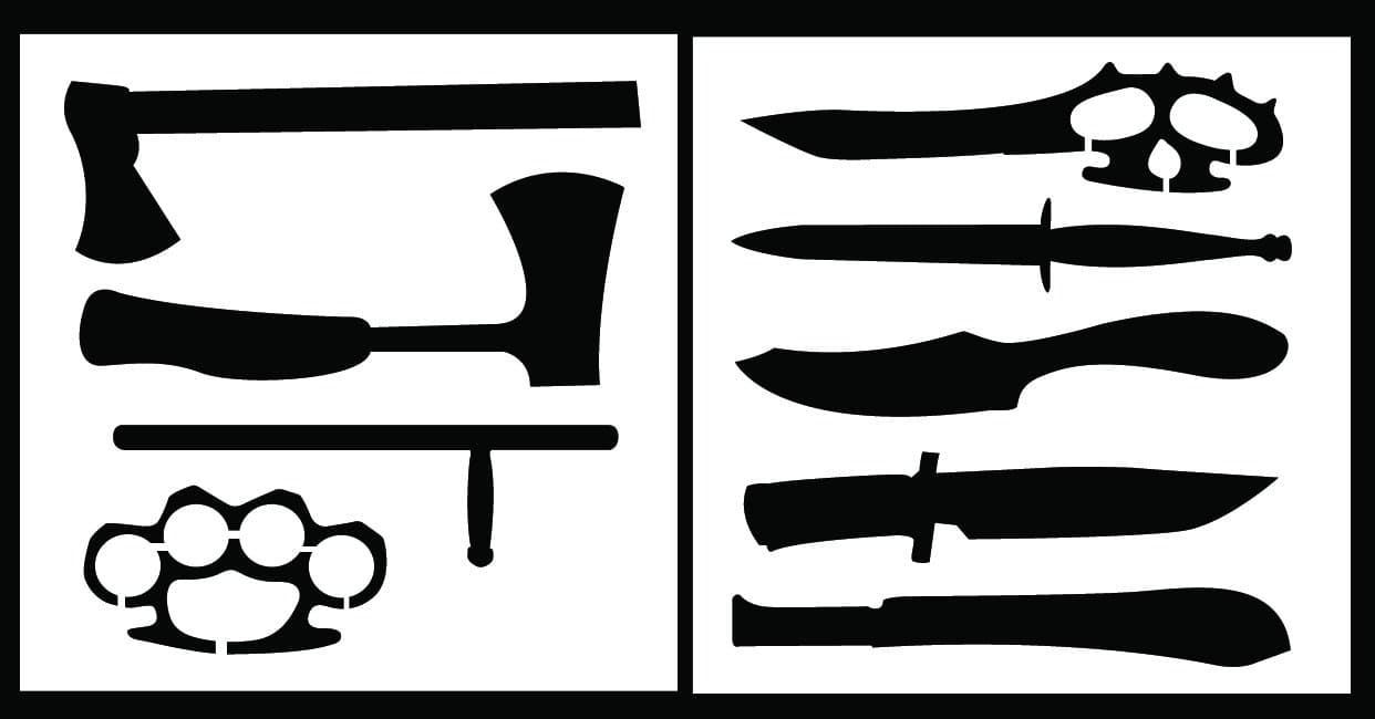 STENCIL-KNIFESET01-10 - Detailed Handheld Weapons Stencil Set - Includes Everything from Knives to Brass Knuckles! - 10-by-10-inch Sheets - (2) Piece Kit - Pair of Sheets