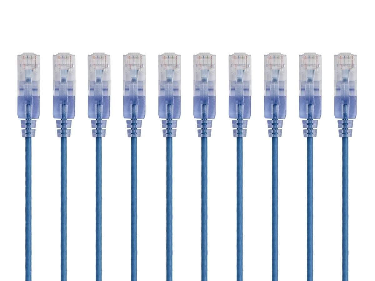 Cat6A Ethernet Patch Cable - Network Internet Cord - 0.3M (1ft) - Blue (10-Pack) RJ45, Stranded, 550Mhz, UTP, Pure Bare Copper Wire, 10G, 30AWG - SlimRun Series