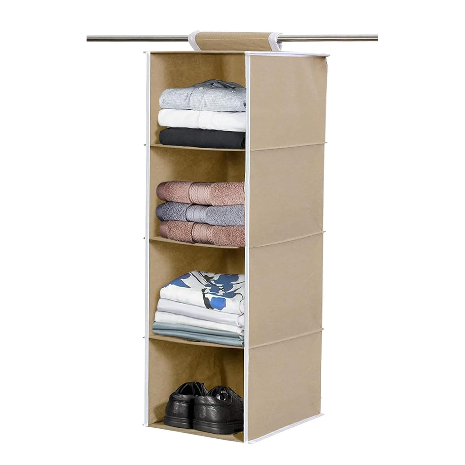 Kuber Industries 4 Shelf Non Wooven Fabric Closet Hanging Organizer,Clothes Storage Hanger for Family Closet Bedroom, Foldable and Universal Fit (Brown)-KUBMART15323