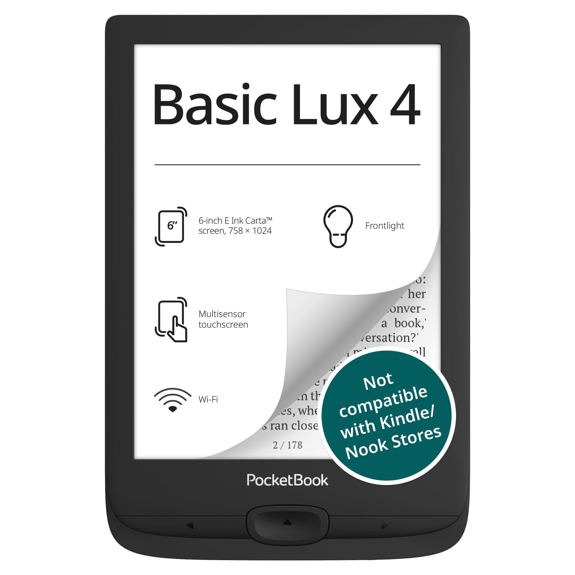 PocketBook Basic Lux 4 E-Book Reader | 6💎 Glare-Free & Eye-Friendly E-Ink Technology | Compact & Lightweight E-Reader | Frontlight | Touchscreen | Wi-Fi | Dictionaries | Micro-SD Slot