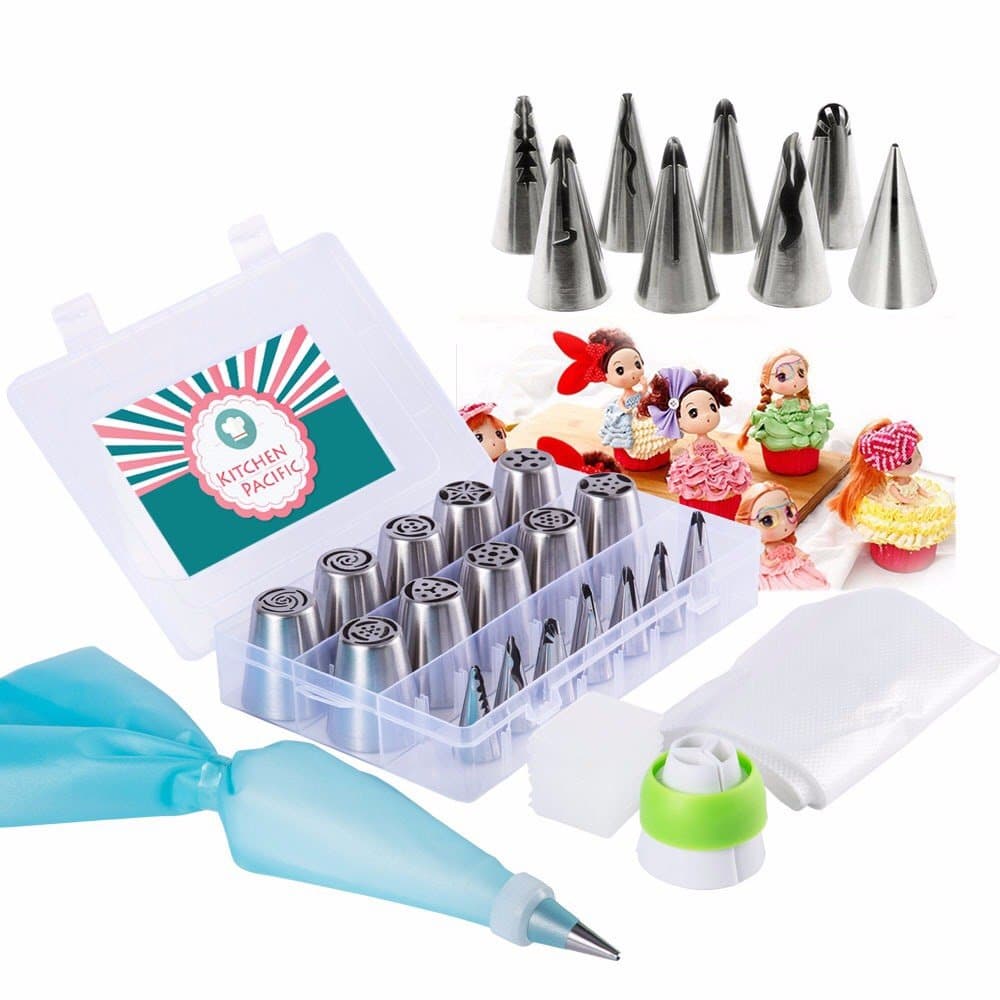 Kitchen Pacific Russian Piping Tips Set-Cake decorating kits -32 Pcs Set (18 Icing Tips - 11 Pastry Bags - 2 Couplers - Storage box) Best Quality Russian Tips Set With Ruffle Wedding Cake Tips