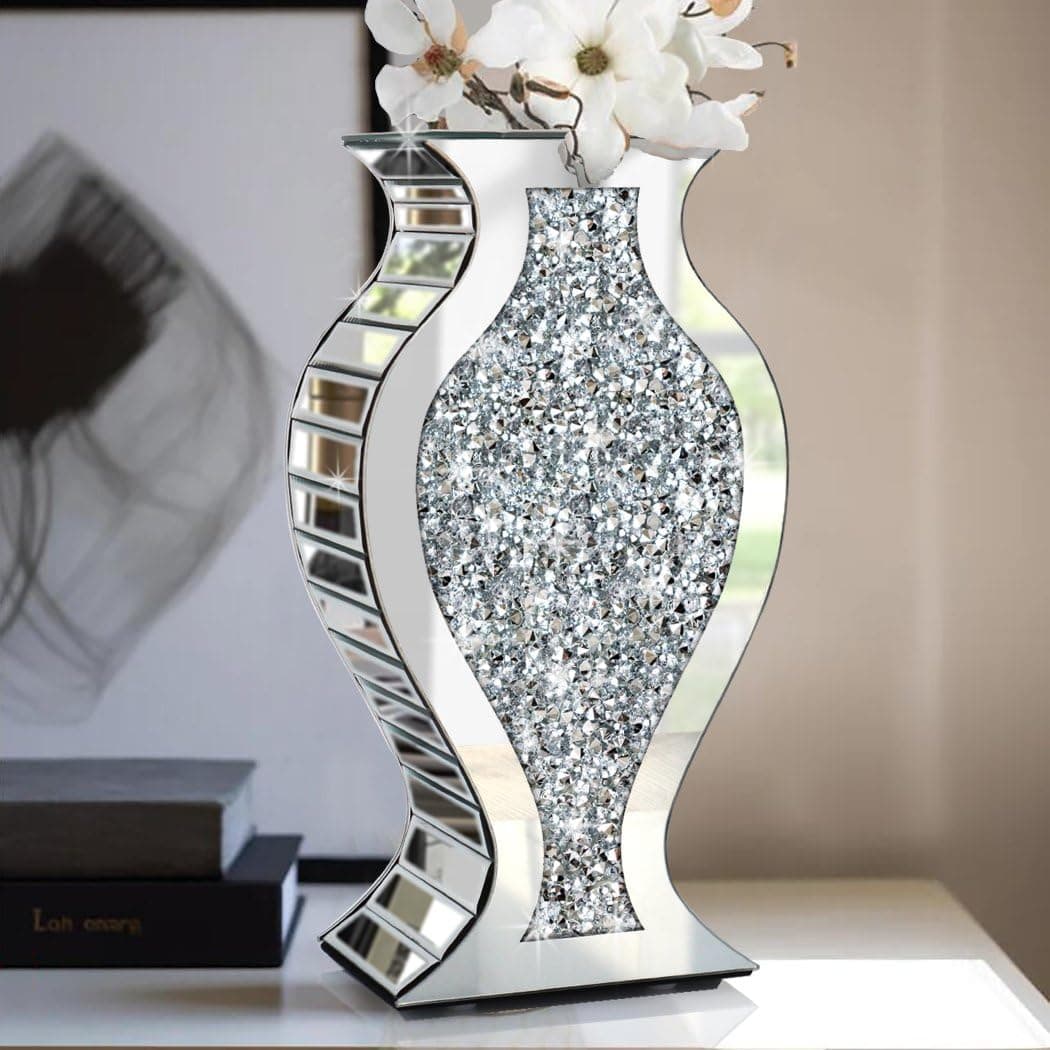 ALLARTONLY Crushed Diamond Mirror Vase Crystal Silver Glass Stunning Decorative Vase Flower Luxury for Home Décor. Can’t Hold Water.