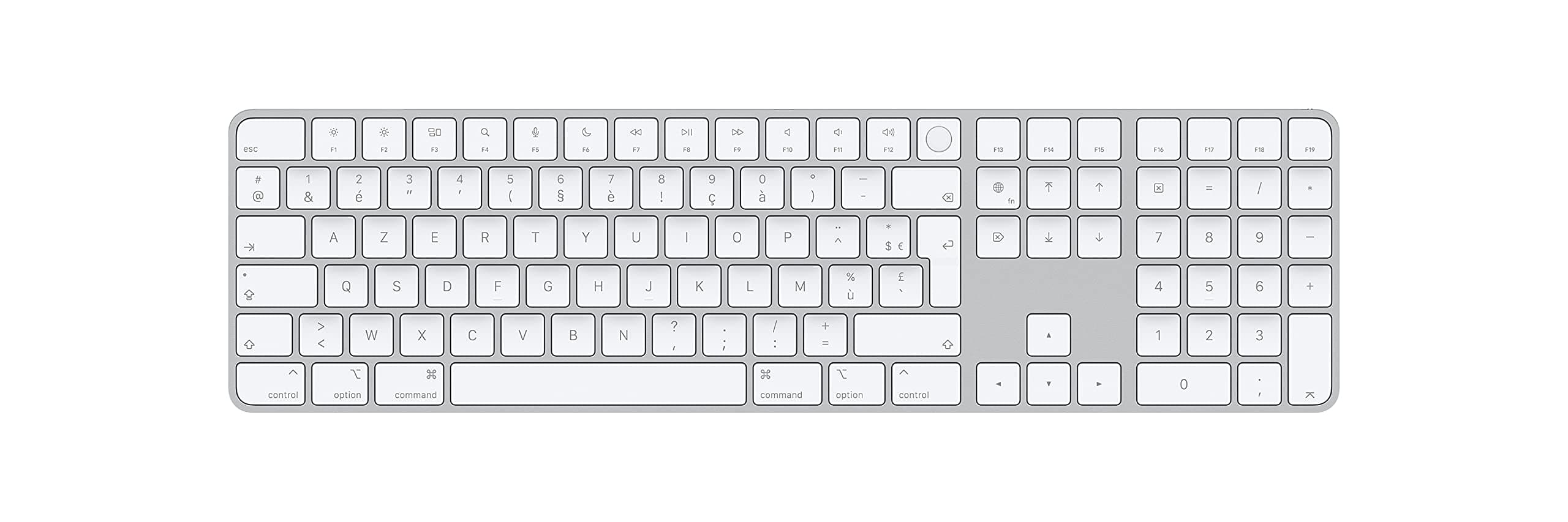 Apple Magic Keyboard with Touch ID and Numeric Keypad: Bluetooth, rechargeable. Works with Mac computers with Apple silicon; French, White keys