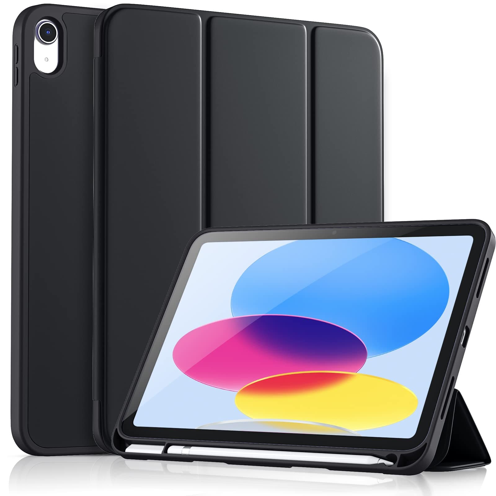 Vobafe Case for iPad (A16) 11th 10th Generation Case (Model: 2025/2022, 11/10.9 Inch), Flexible TPU Back & Trifold Stand, Protective Cover with Pencil Holder, Auto Wake/Sleep, Black