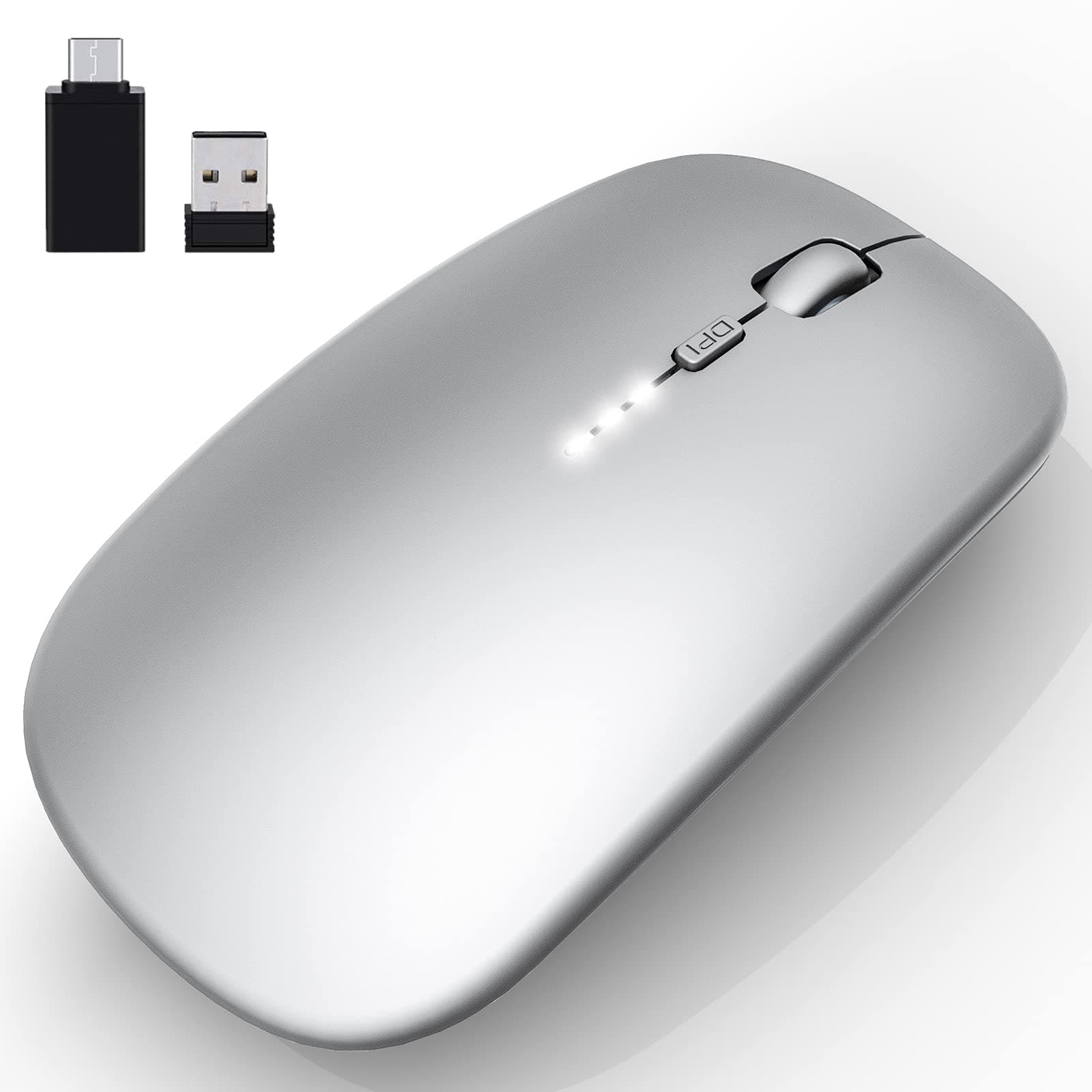 Rechargeable Wireless Mouse, 2.4Ghz Silent Computer Office Mouse, Portable Slim Optical Mouse with USB Receiver Type-C, 3-Level Adjustable DPI for Laptop, Computer, Notebook, PC (Silver)