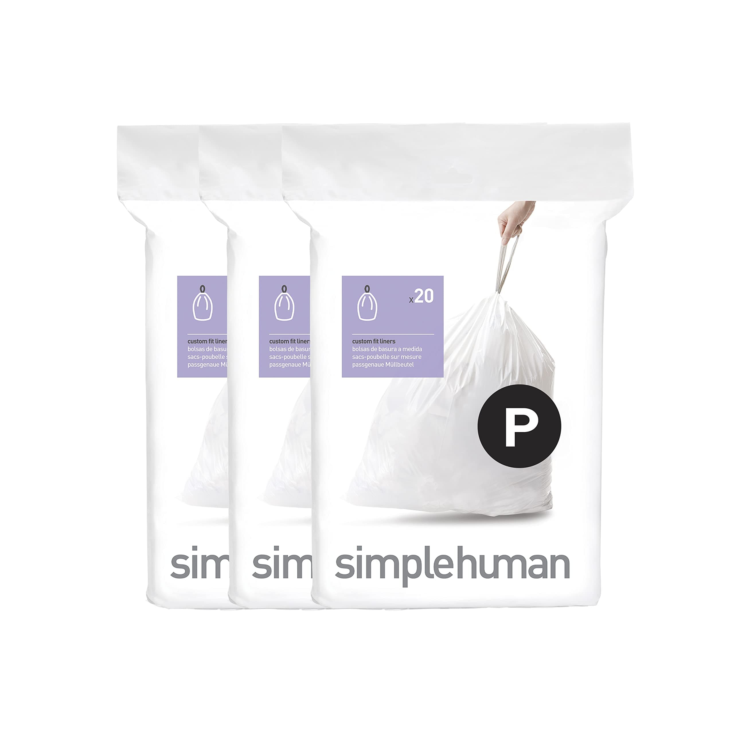 simplehuman CW0263 code P Custom Fit Bin Liner Bulk Pack, White Plastic (3 Pack of 20, Total 60 Liners)