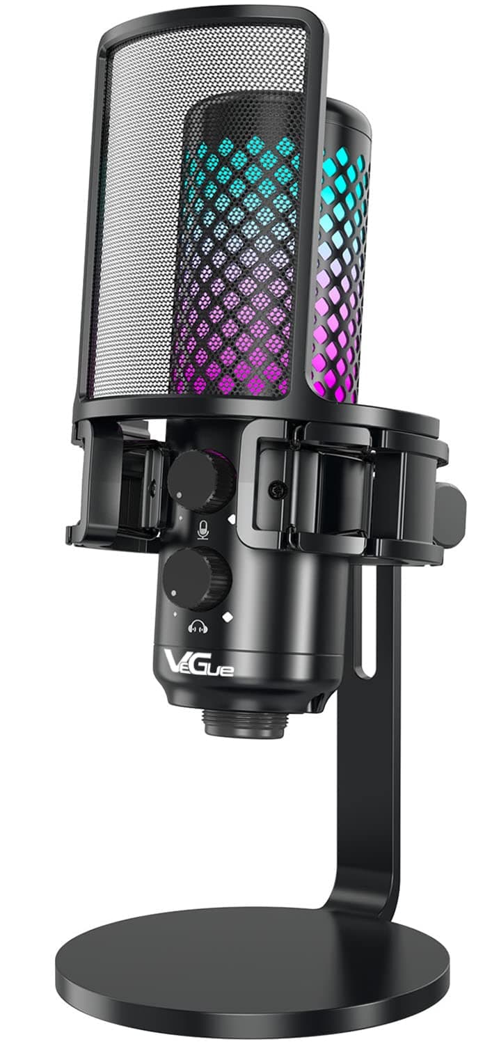 VeGue USB Gaming Microphone for PS5, All Metal PC Computer Condenser Mic with RGB Light, Mute Button, Pop Filter, Shock Mount, Gain Control for YouTube Recording Streaming Twitch Podcasts Videos