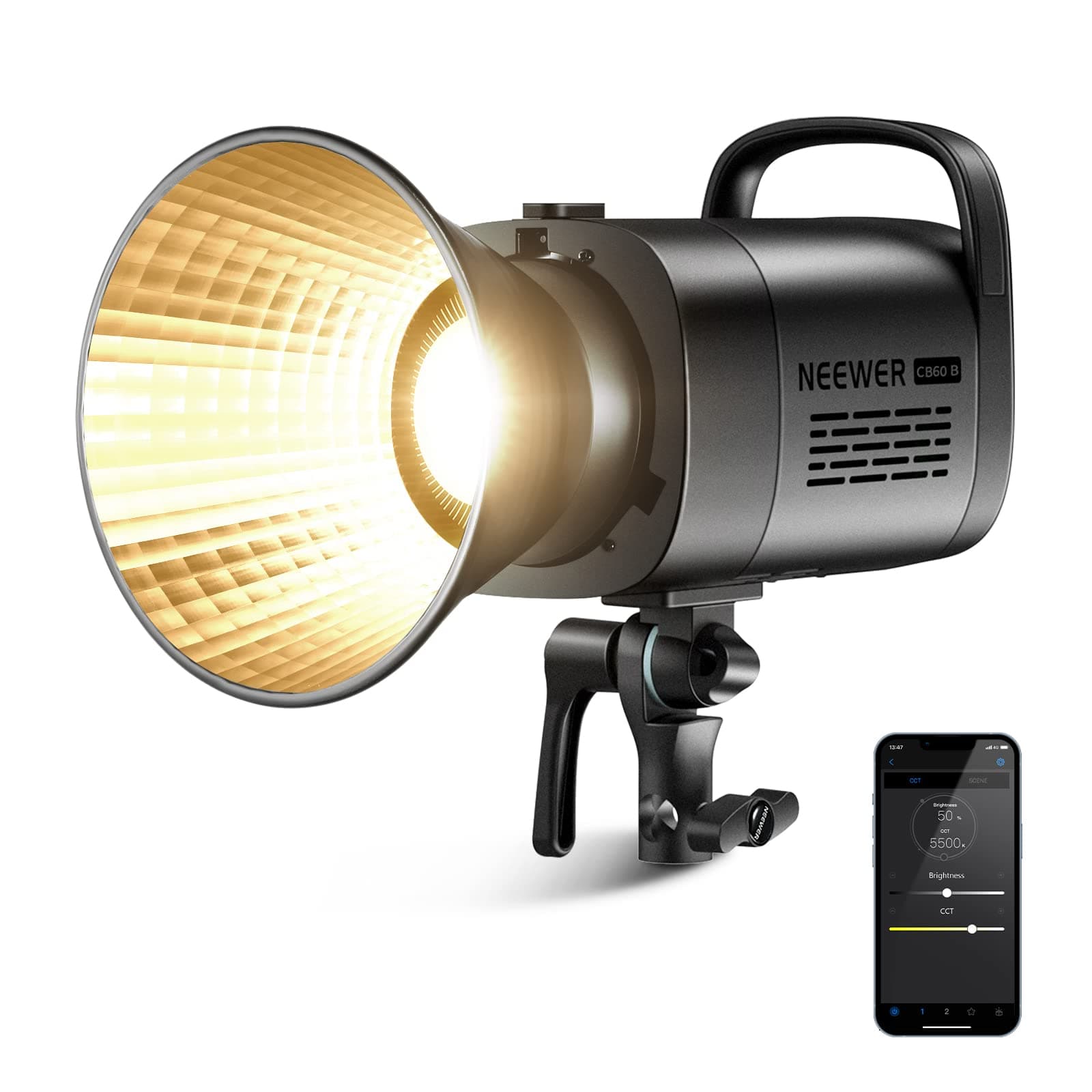 CB60B 70W LED Video Light with 2.4G/APP Control, COB Bi Color Bowens Mount Continuous Output Lighting 2700K-6500K 34000Lux/1m CRI97+/12 Effects for Studio/Outdoor Photography/Video Recording