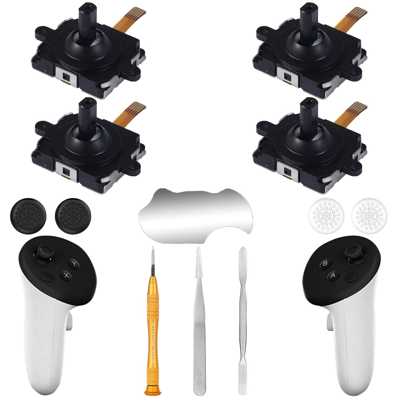 4 Pack Joystick Replacement Kit for Meta Quest 3 Controller(12 in one), Repair Kit for Oculus Quest 3Controller, Include 4 Joysticks, 4 Thumbstick Grips, T5 Screwdriver, Tweezer, Pry Tool