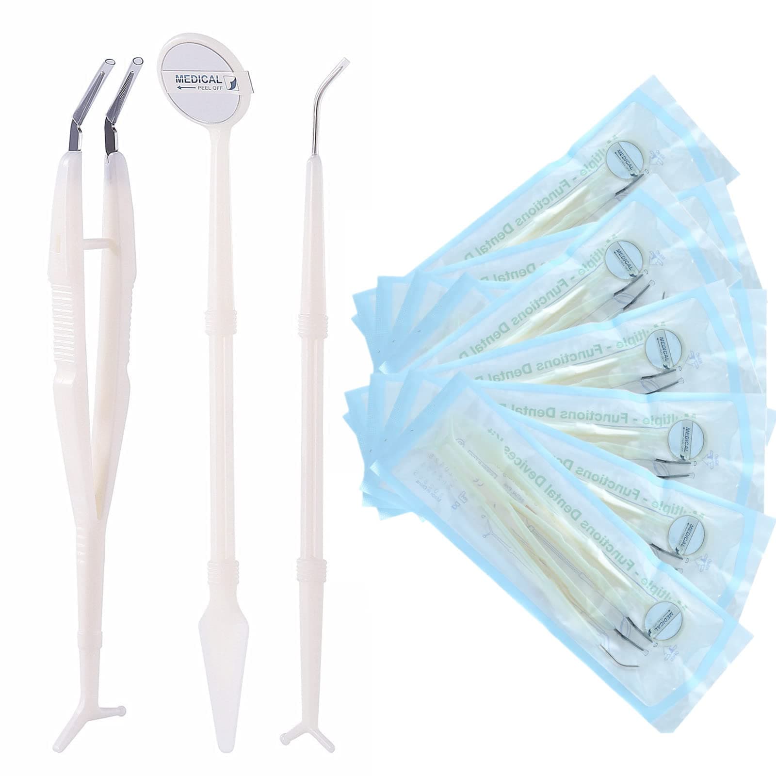 JMU 10 Pack Disposable Dental Examination Kit, 3Pcs Basic Instruments Set, Sterile Packaging, Dental Mirror Explorer Probe Plier, Oral Cleaning Dentist Tools (3pcs a Set, 10 Sets)