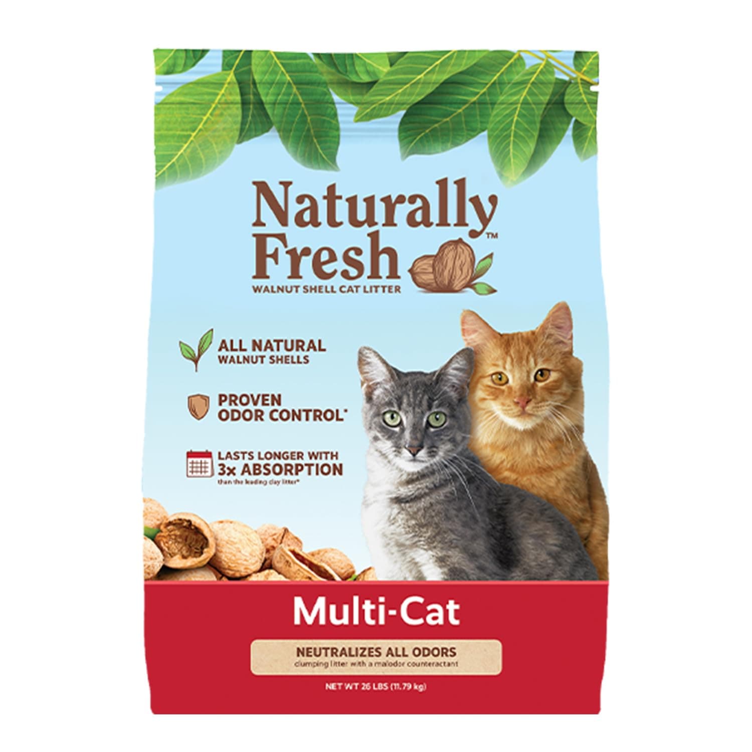 Naturally Fresh Cat Litter Made From Walnut Shells, Unscented, Multi-Cat, Upcycled, Low Dust, Sustainable, 26 Lbs