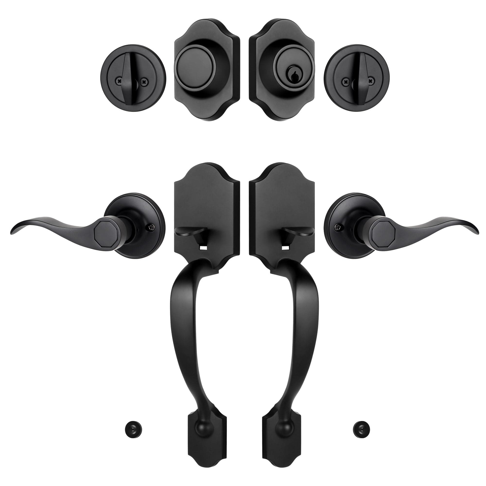 Double Front Door Handle Set with Dummy and Deadbolt, Entry Front Door Lock Set with Classic Half Grip Curved Door Handle for Exterior Doors or Office, Matte Black