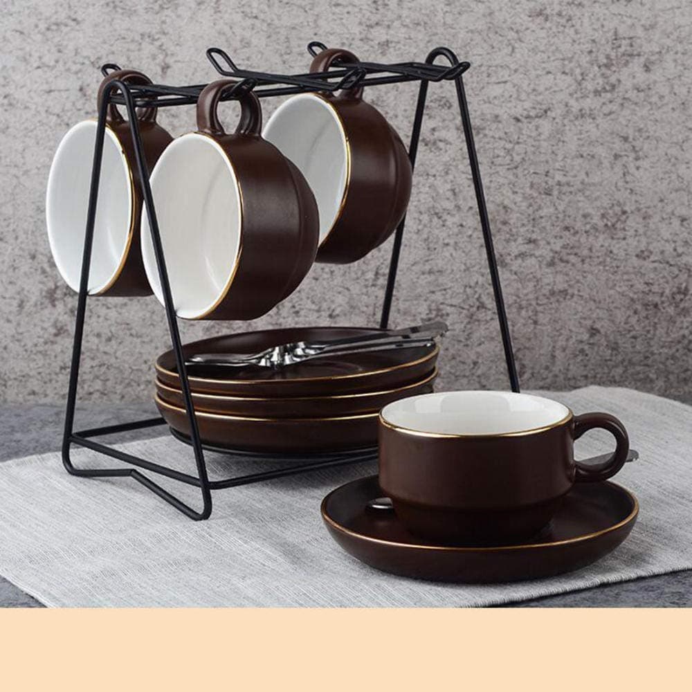 4 piece set Continental solid color espresso cup set ceramic tea set suit coffee cup set 145ml@Brown gold