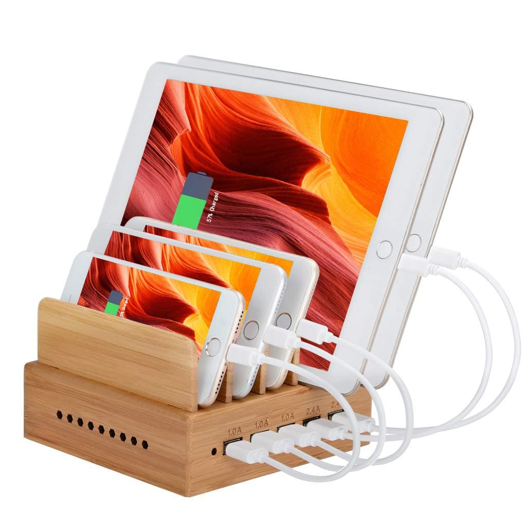 OTHO-CS05 Bamboo Docking Stations Desktop Charging Station for Multiple Devices of Universal Cell Phones & Tablets (5-Port USB Charger Included) (Cables Not Included)