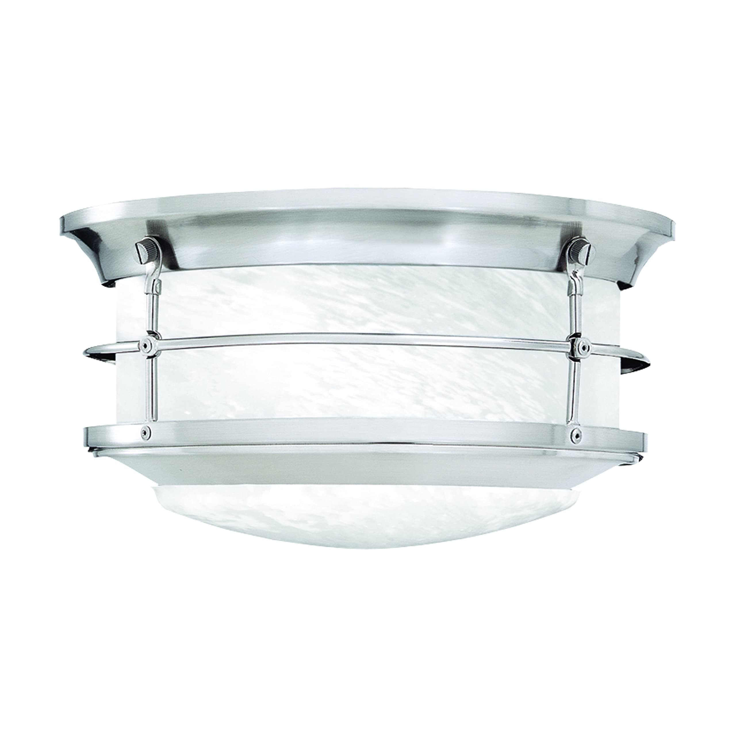 11.25" Outdoor Flush Mount Ceiling Light – Transitional Brushed Nickel Fixture with White Stone Glass, Damp Rated for Covered Porch, Patio or Carport Lighting