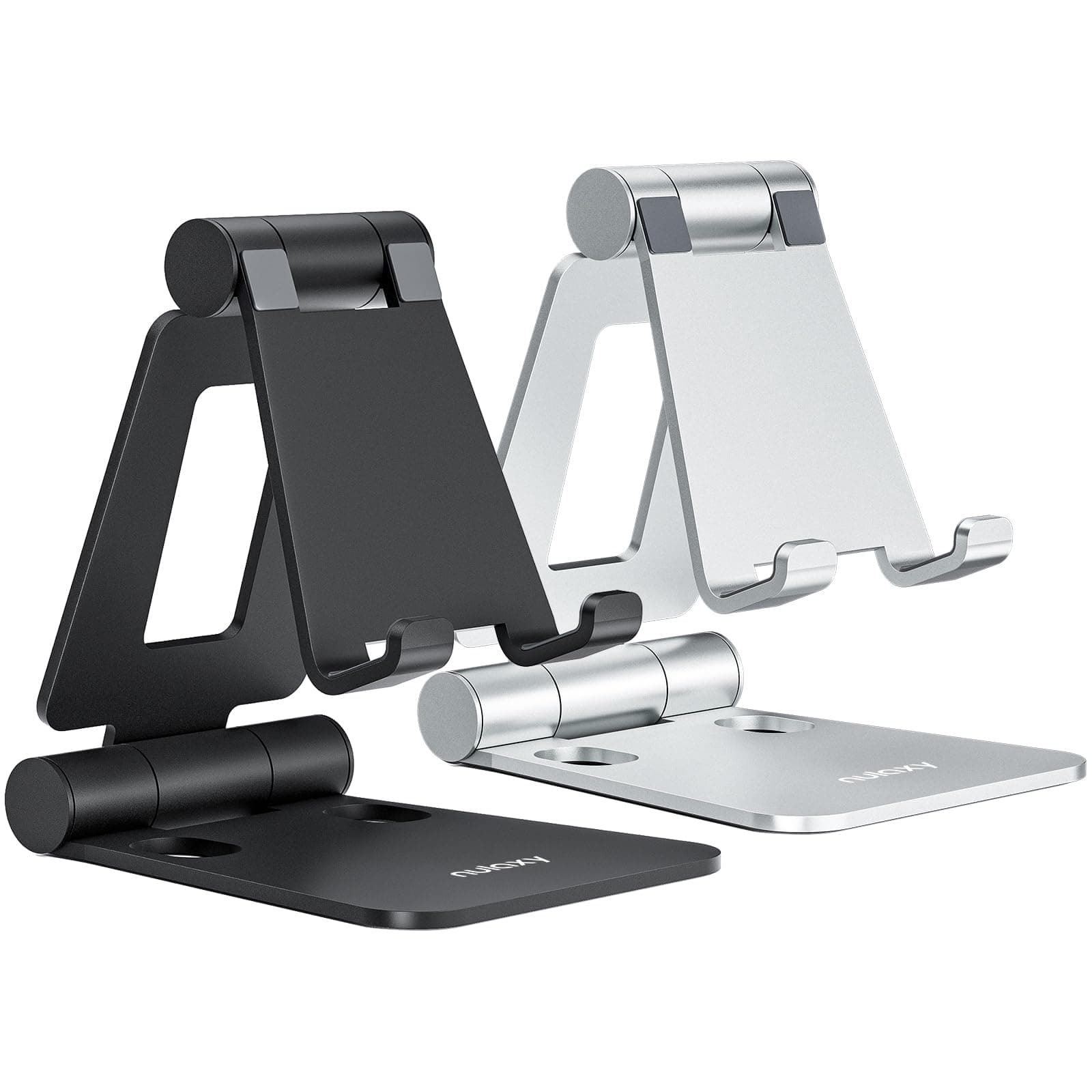 2 Pack Dual Folding Phone Stand, Fully Adjustable Desktop Mobile Holder Dock Aluminum, Compatible with iPhone 17 16 15 14 13 12 11 Xs Xr X 8, HUAWEI, Galaxy, All Smartphones, Black & Silver