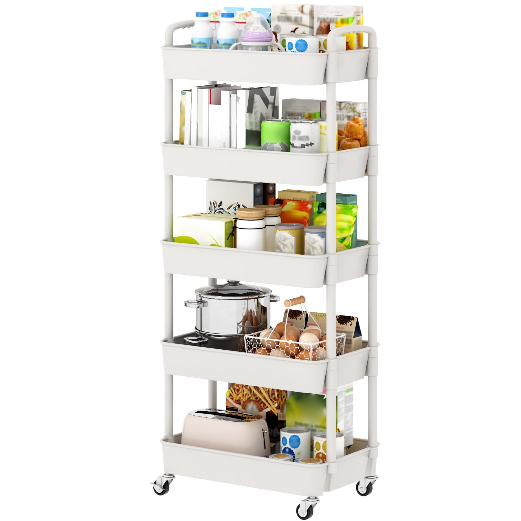 5-Tier Plastic Rolling Utility Cart with Handle, Multi-Functional Storage Trolley for Office, Living Room, Kitchen, Movable Storage Organizer with Wheels, White