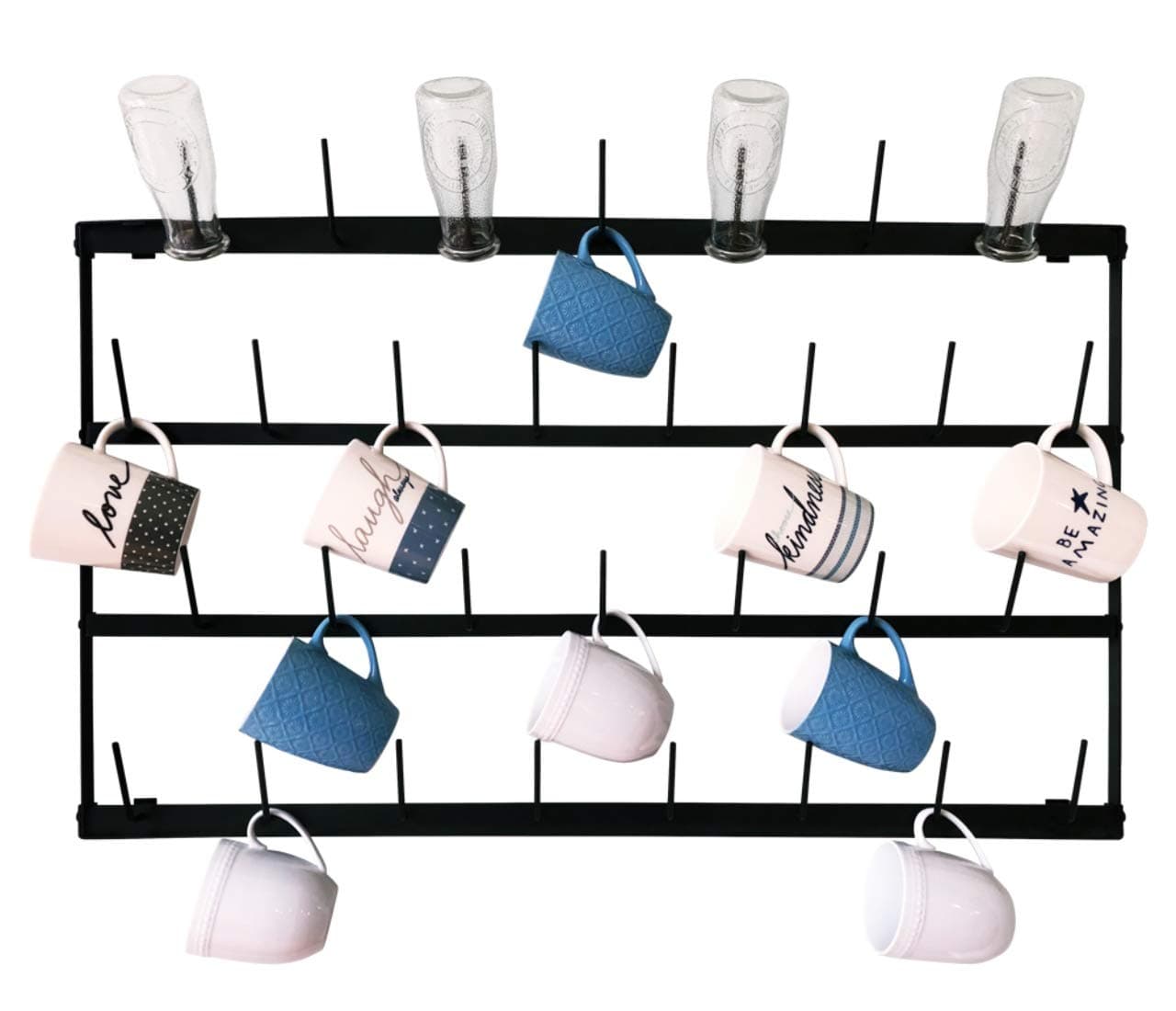 Mug Rack Wall 30 Peg Mounted Coffee Cup Holder, 4 Row, Home Kitchen and Breakroom Organizer (36" x 21")