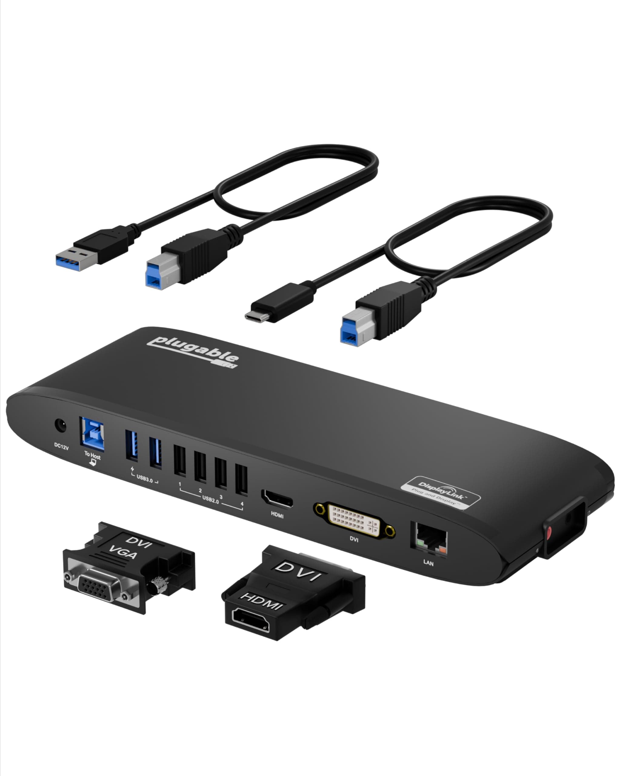 Plugable USB3.0 Horizontal Docking Station for Windows macOS ChromeOS - Dual Monitor HDMI DVI VGA Ports Gigabit Ethernet 2 USB 3.0 Ports x 4 USB 2.0 Ports Audio Input and Output