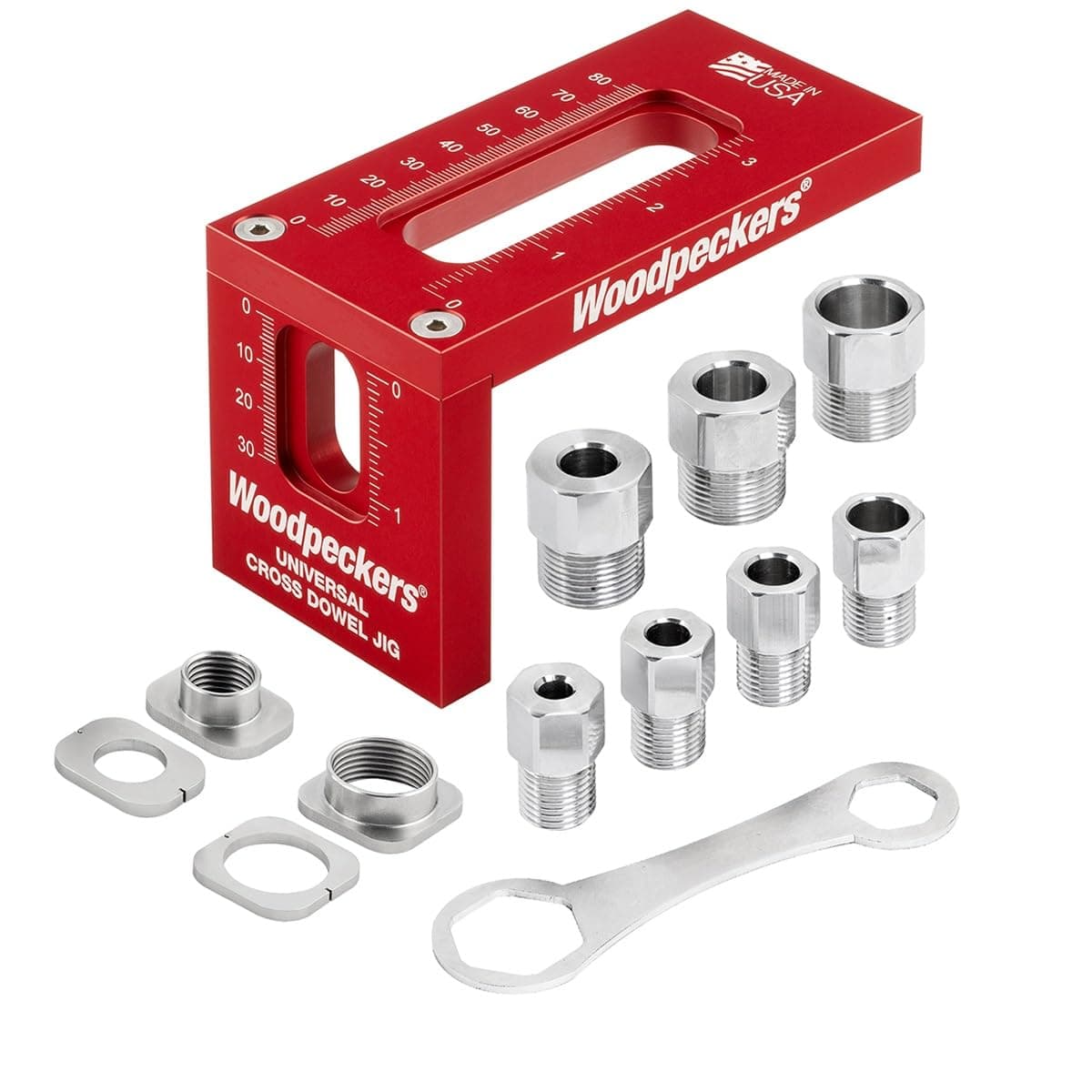 Universal Cross Dowel Jig, Deluxe Kit, Includes 7 Drill Guide Bushings, USA Made, Accomodates All Cross-Dowel Sizes - UCDJ