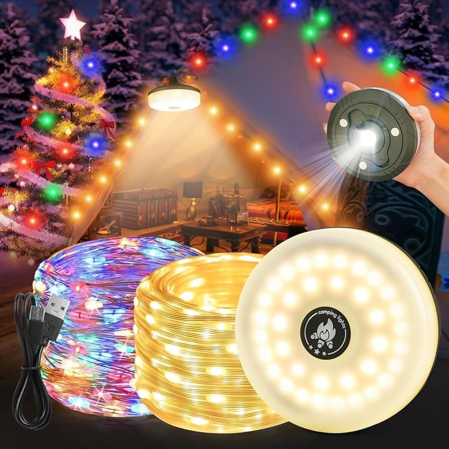 Rechargeable Camping String Lights 32.8ft, 2-in-1 LED Lantern with 8 Lighting Modes, Waterproof Portable Tent Light for Outdoor, Hiking, Garden & Yard