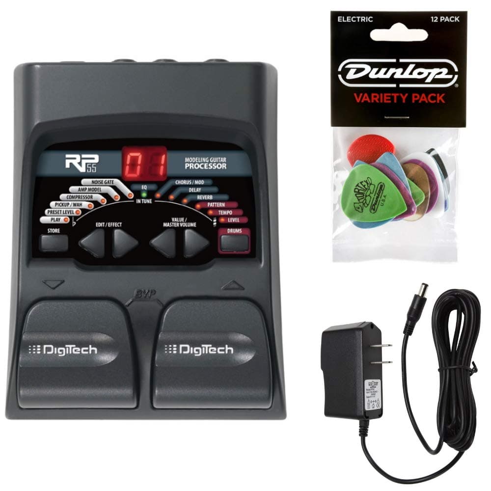 Digitech RP55 Guitar Multi-Effects Processor Bundle with Dunlop Pick Pack and 9V Adapter