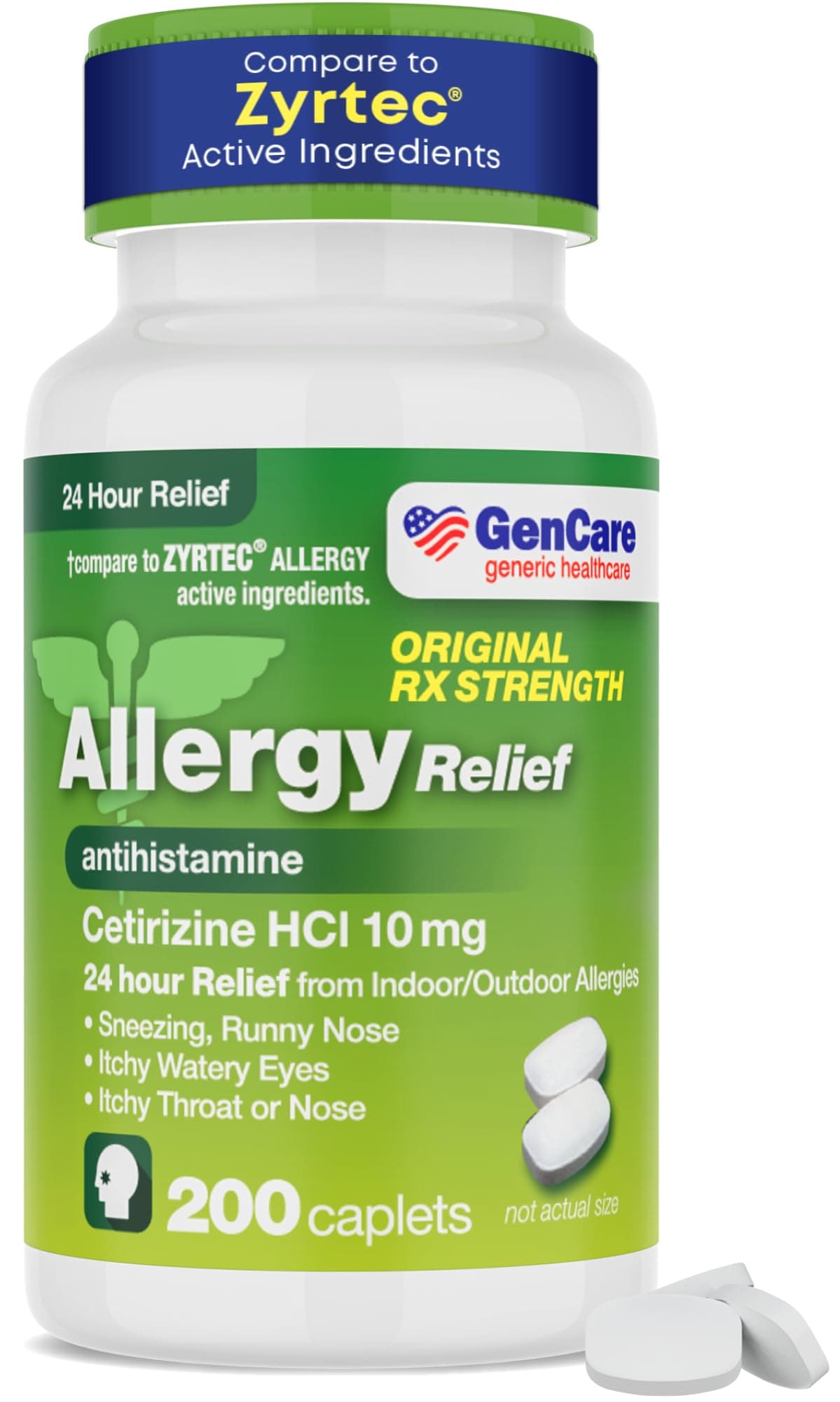 GenCare - Cetirizine HCL 10 mg (200 Caplets) - 24 Hour Allergy Relief Pills - Non Drowsy Generic OTC Allergy Medication - Antihistamine Medicine for Sneezing, Runny Nose & Itchy Eyes - Generic Zyrtec