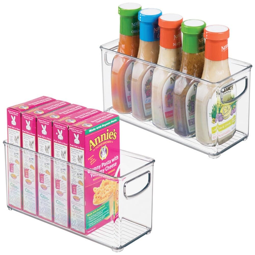 Plastic Stackable Pantry Bin - Storage Bin with Handles for Cabinets or Fridge - Set of 2 - Clear