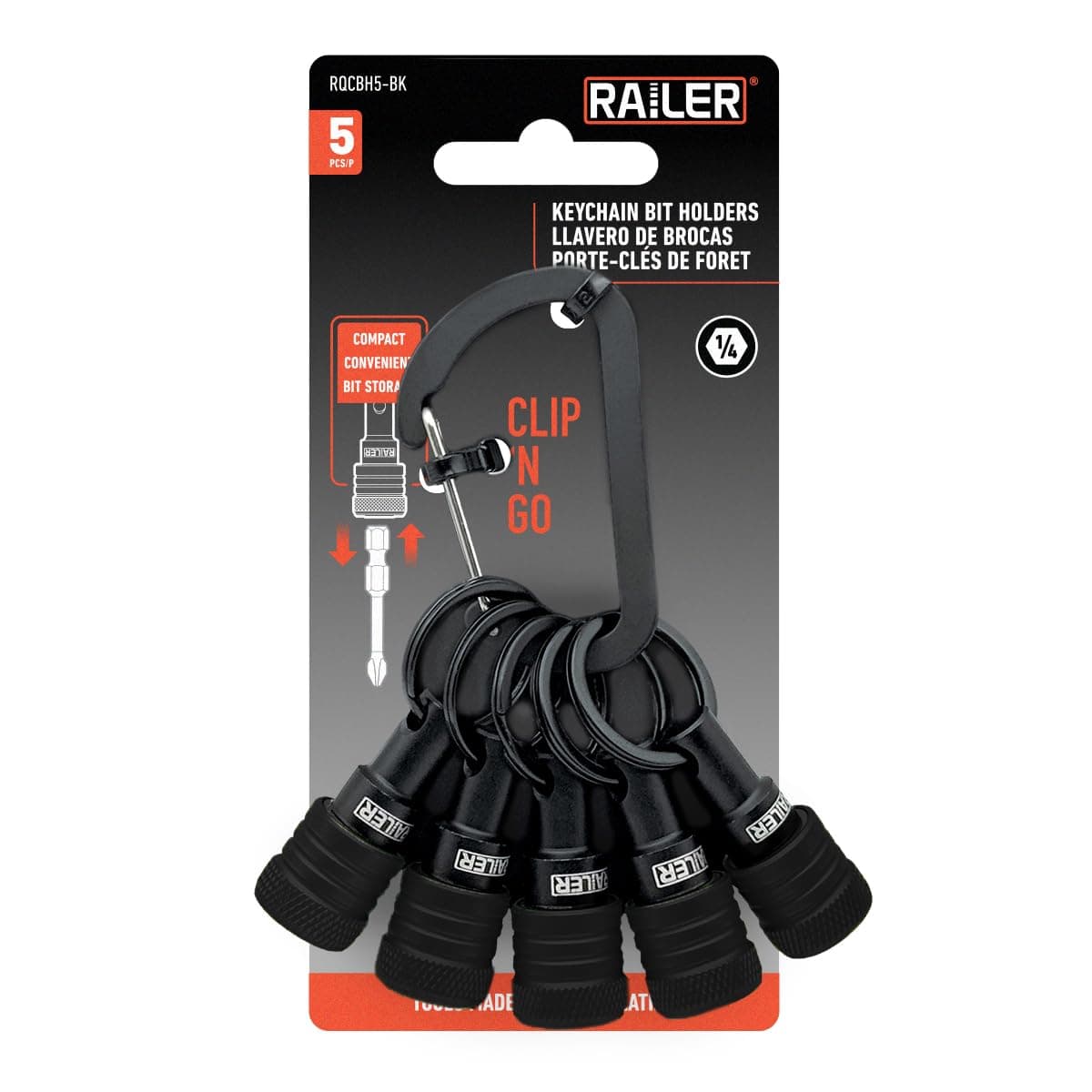 Railer Bit Holder Keychain 5pc - 1/4 inch Hex Shank Bit Holders - Quick Release Bit Holder for Nut Driver, Screwdriver & Drill Bits w/Key Chain Carabiner
