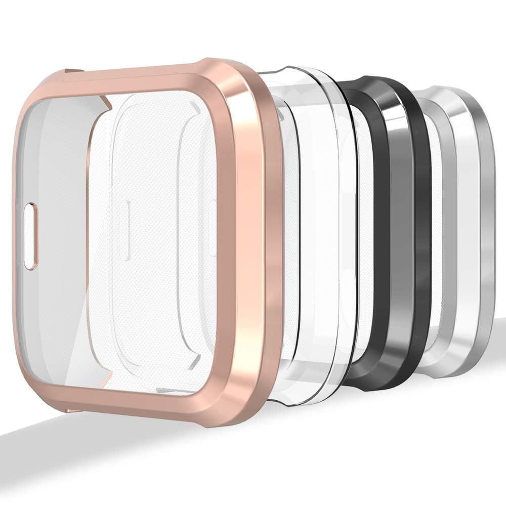 Hianjoo [4-Pack] Screen Protector Case Compatible with Fit bit Versa Lite Edition, Ultra Slim Soft Full Cover Case (NOT Replacement for Fit bit Versa) - Clear, Black, Silver, Rose Gold