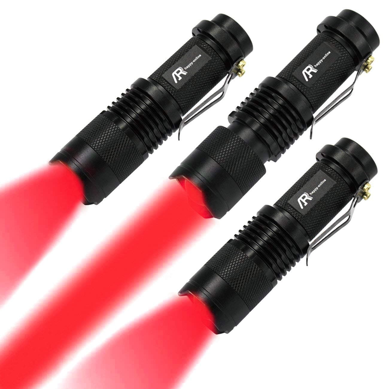 AR Happy Online Red Flashlight, 3 Modes Red LED Flashlight, Zoomable, Water Resistant, Durable, Hunting, Astronomy, Aviation, Night Observation (3 Pack)
