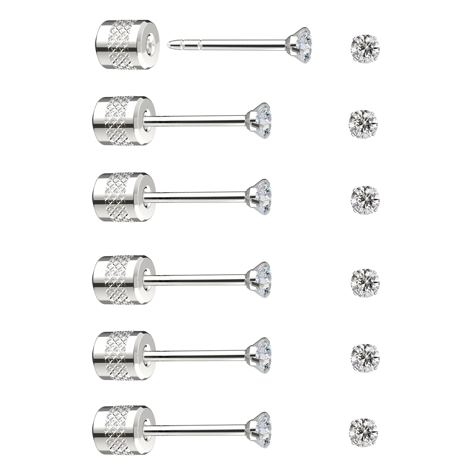 Threadless Flat Back Stud Earrings, 6 Pairs Titanium Hypoallergenic Earrings for Women Men, Cubic Zirconia Silver Gold Stud Earrings Surgical Stainless Steel Stud Earring Set for Cartilage 2-8mm