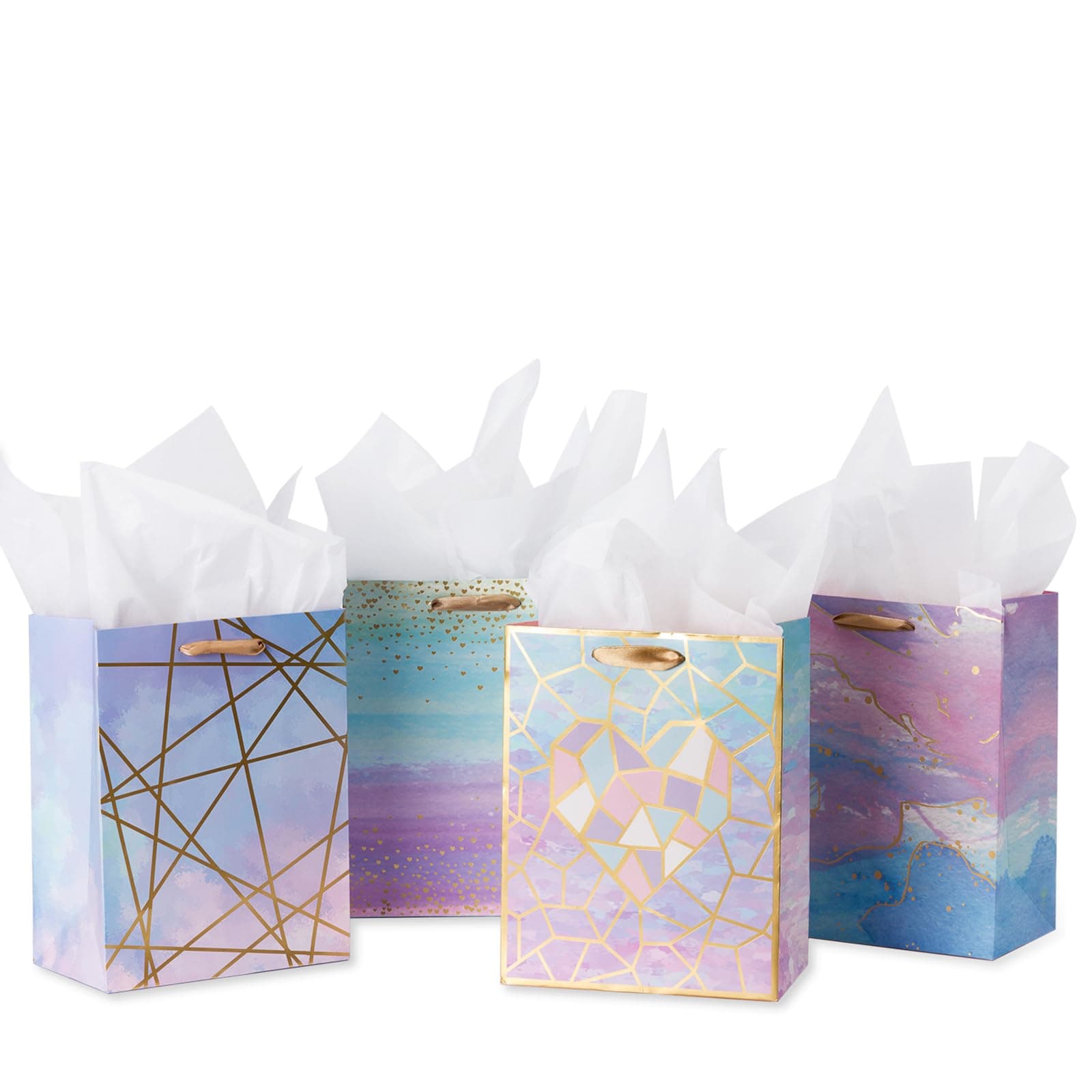 Medium Size Gift Bags-Coloful Marble Pattern Gift Bag with Tissue Paper for Shopping,Parties,Wedding, Baby Shower, Craft-4 Pack-7" X 4" X 9"