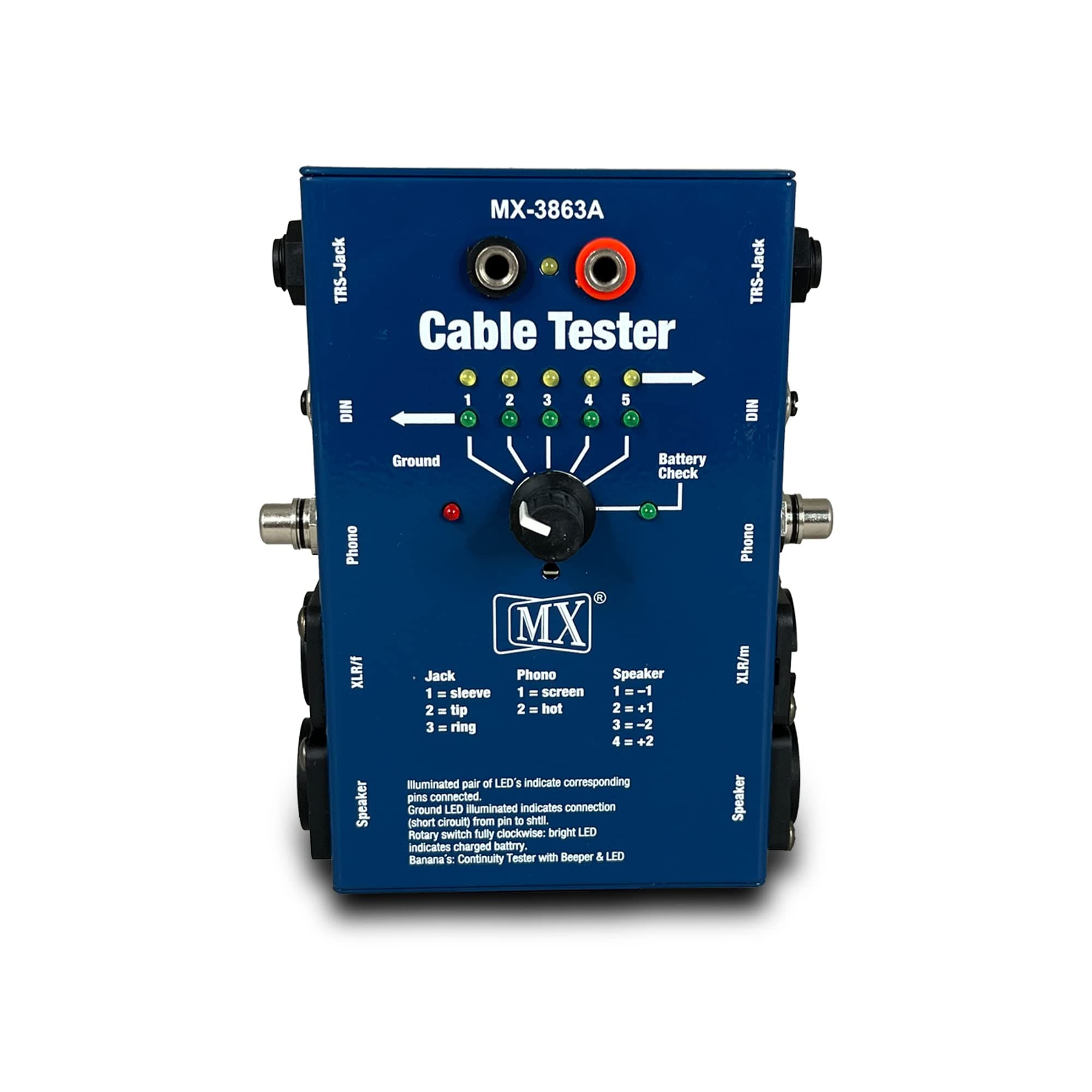 MX Multi-Purpose Cable Tester | Portable Wire Checker for XLR, TRS, RCA, RJ45, USB Cables | LED Indicator Cable Analyzer for Studio & Field Use