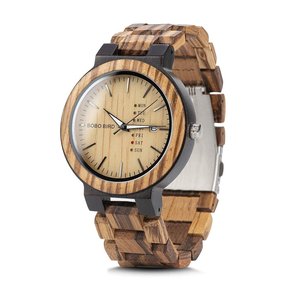 Week and Date Multi-Functional Display Men's Zebra Wooden Quartz Watch Lightweight Handmade Casual Wristwatches with Gift Box