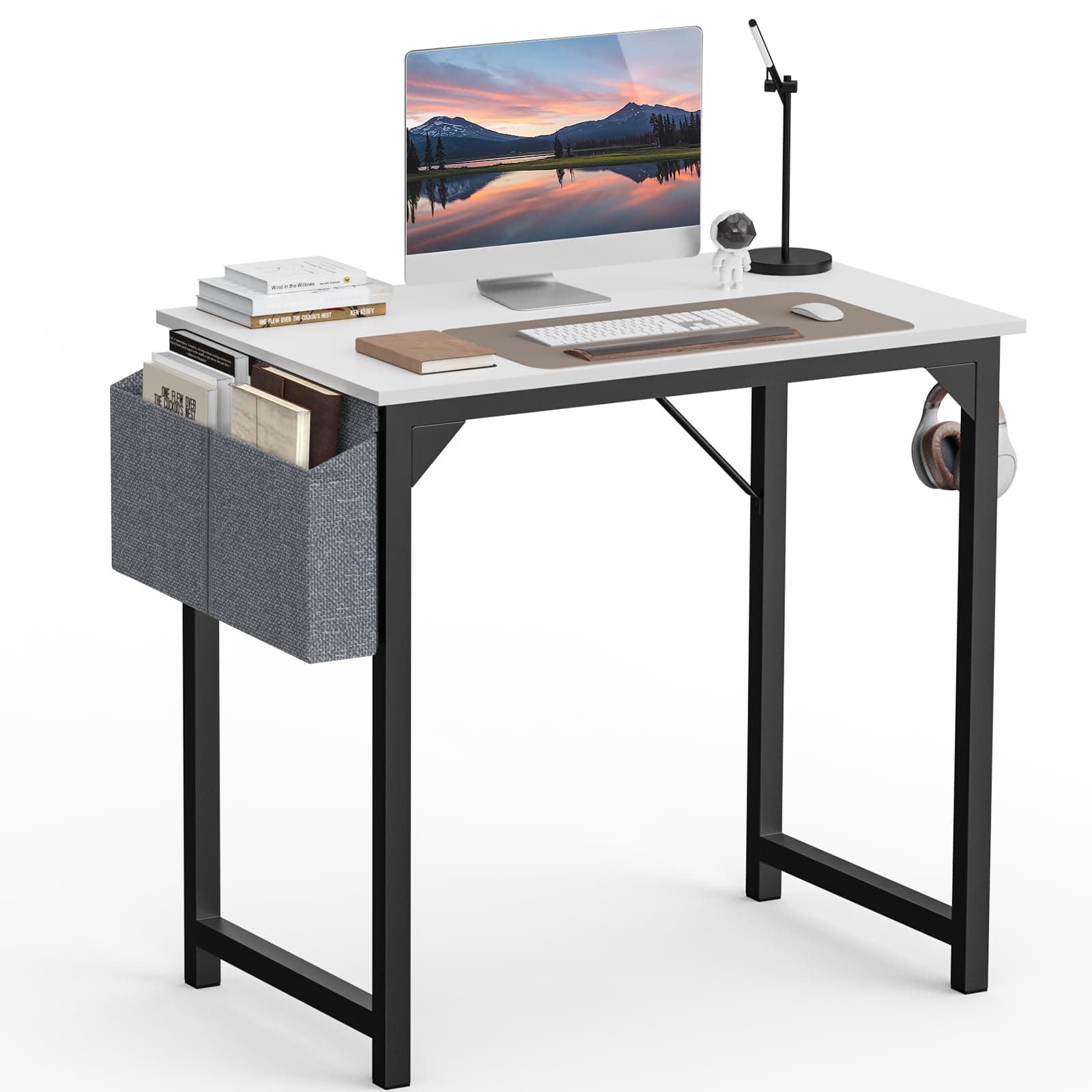 SMUG Small Computer Desk 32 Inch Office Gaming Study Writing Work Kids Student White Table Modern Simple Style Wood PC Workstation with Storage Bag Headphone Hook Metal Frame for Bedroom, Home, White