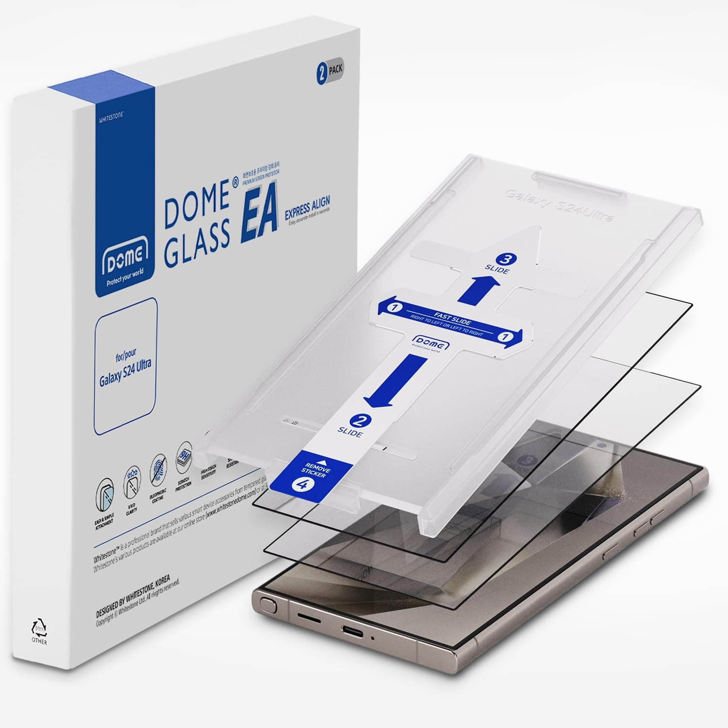 Whitestone DOME EA [Enhanced Easy Installation] Tempered Glass Screen Protector for Galaxy S24 Ultra [2Pack]
