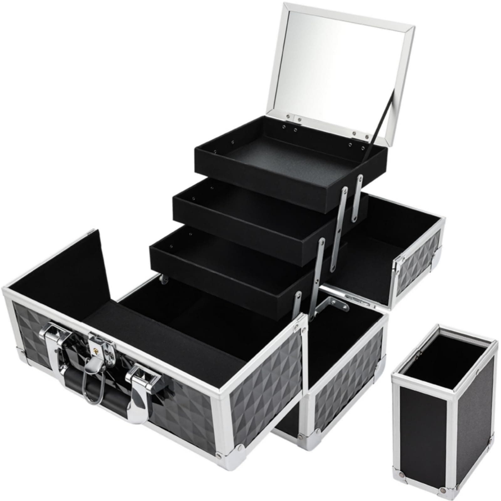 Makeup Train Case, 11.6 Inch Extra Large Makeup Box Organizer, 3-Tier Make up Case Professional Vanity Cases with Mirror Travel Cosmetic with Brush Holder for Artist,Nail, Skincare, Black