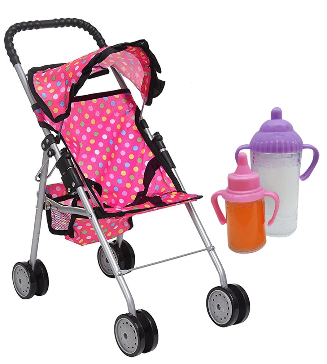 Doll Stroller My First Baby Doll Strollers Toy - Flower Design with Basket in The Bottom- Doll Accessories 2 Free Magic Bottles Included (Polka Dot)